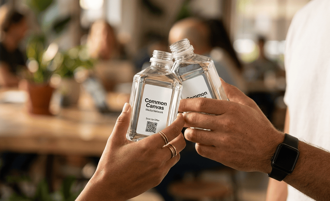 People holding CommonCanvas water bottles in a real-world moment